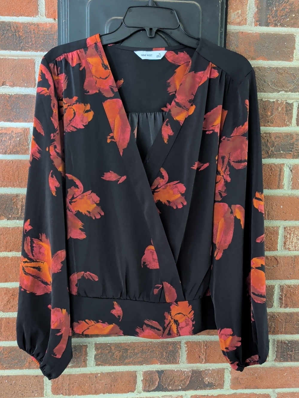 Nine West Floral Print Faux Wrap Blouse Size XL